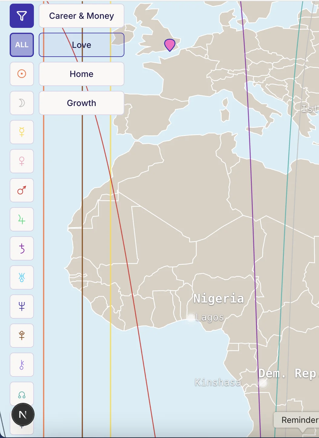 Filter the astrocartography map by theme — love, career, growth, belonging